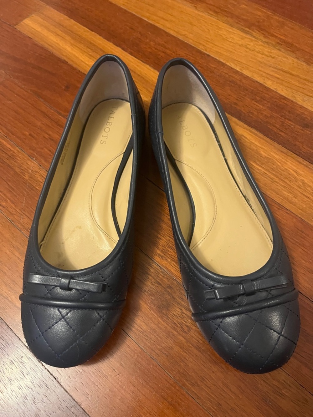 Talbots Quilted Navy Leather Ballet Flats with Toe Bow